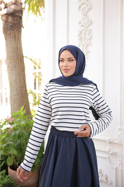 Bwest O Neck Horizontal Stripes Long Sleeve Short Slit Short Tunic - (38-46) - 71296 - Navy Blue