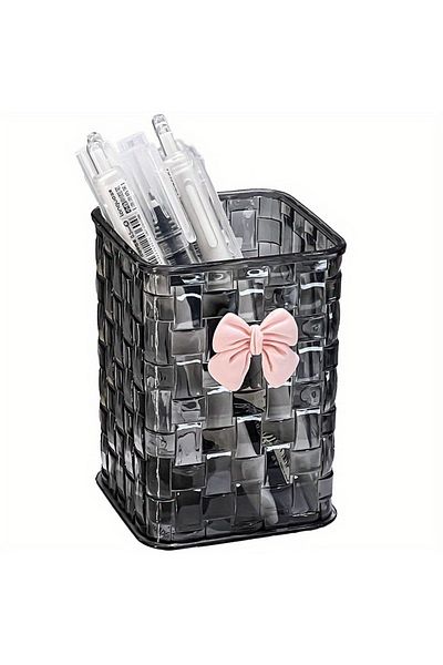Choice Transparent gray 1pc Clear Acrylic Desk Organizer with Bow Accent-Durable Pen Holder and Storage Bas