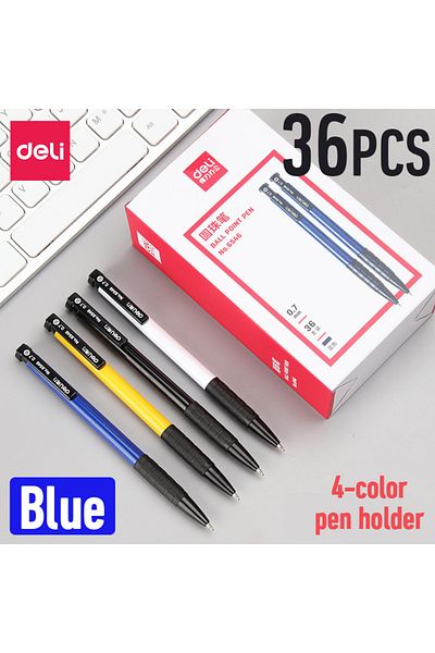 Deli BLUE INK 36PCS Push Button Ballpoint Pen 0.7mm Smooth Writing Refillable Office Supplies School