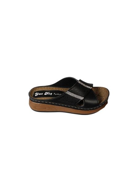 Yaz Kış Ayakkabı Yazkiş Women's Black Skin Cross Strap Stone Sole Comfortable Comfortable Sole Slippers