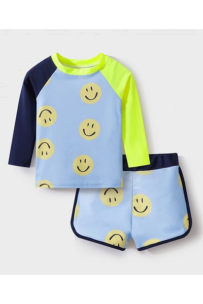 SAPS All Over Smiley Print Full Raglan Sleeves Quick Drying Two Piece Swimsuit - Blue & Neon Green