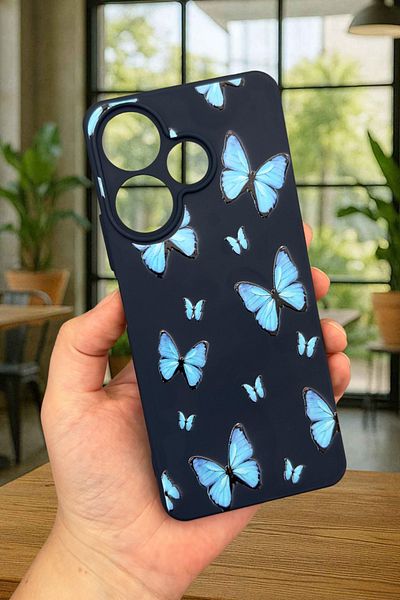 Vip Case Xiaomi Redmi 13 4g Blue Butterfly Patterned Silicone Shock Absorbing Classic Protected Rubber Case277