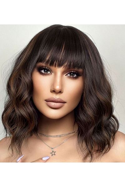 WildFashion Dark brown wig, slightly wavy and bangs PER113A-8888