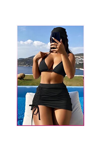 Genel Markalar Siyah Askılı Bikini Takımı + Ayarlanabilir Büzgülü Etek – Tati...