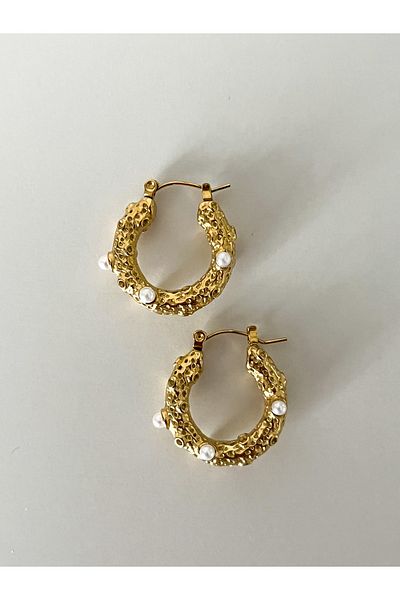 Snartun Premium Series Pearl Detailed Gold Steel Hoop Women's Earrings