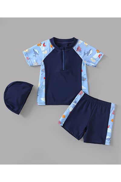 SAPS Ocean Life Theme Printed Short Raglan Sleeves Quick Dry Two Piece Swimsuit Swimming Cap - Blue