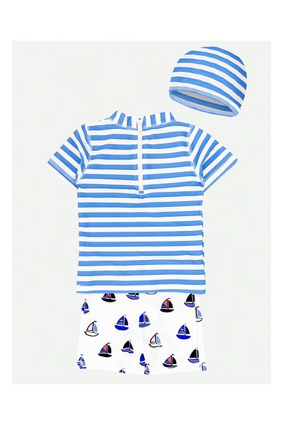 SAPS Striped Sun Top With Boat Printed Swim Shorts and Cap - White/Blue