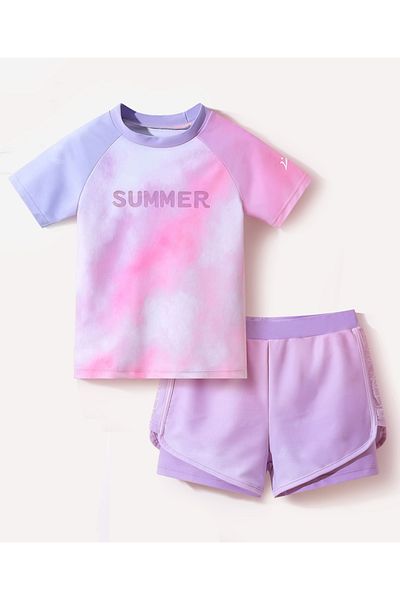SAPS Summer Graphic Swim T-Shirt with Shorts Set - Pink/Purple