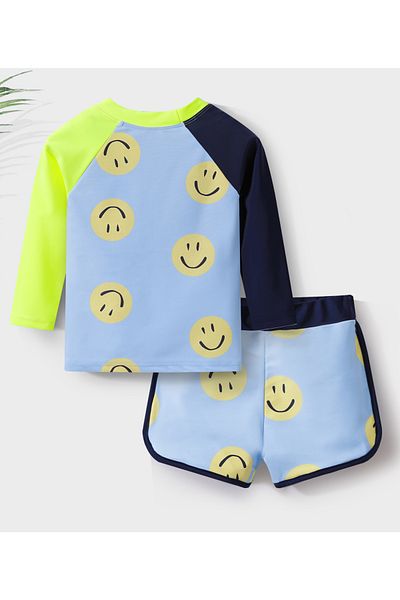 SAPS All Over Smiley Print Full Raglan Sleeves Quick Drying Two Piece Swimsuit - Blue & Neon Green