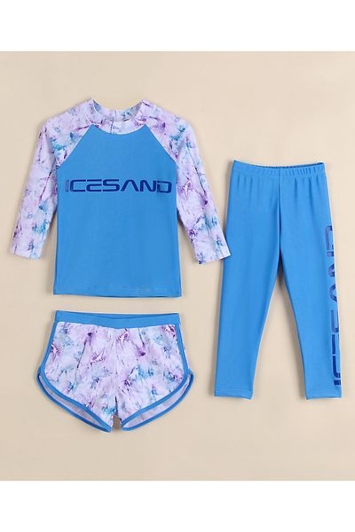 SAPS Ice Sand Print Full Sleeves Quick Drying Three Piece Swimsuit -Blue & Purple