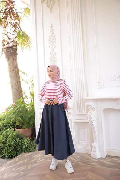 Bwest O Neck Horizontal Stripes Long Sleeve Short Slit Short Tunic - (38-46) - 71296 - Fuchsia