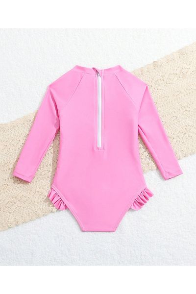 SAPS Unicorn Print Quick Drying Full Sleeves Frilled V Cut Swimsuit - Pink