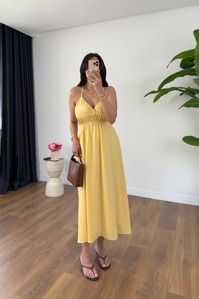 BİRCANÇİL Lendy Yellow Rubber Back Detailed Lined Strap Dress