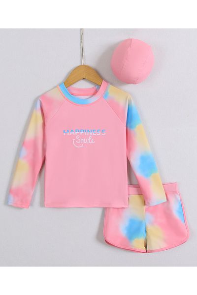 Pine kids Pine Kids Full Raglan Sleeves Happiness Print Two Piece Swimsuit Tie & Dye Print & Swimming Cap-Pink
