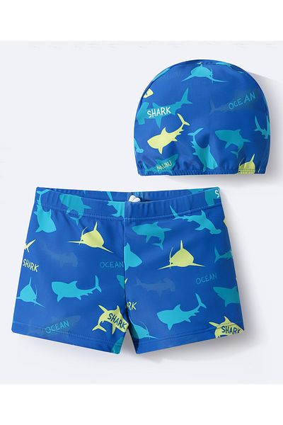 SAPS All Over Shark Printed Swimming Trunks With Cap - Navy