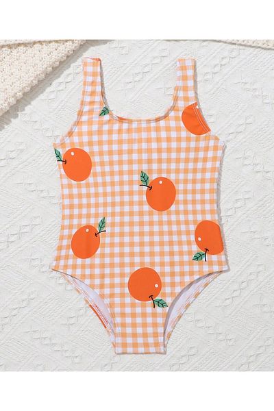 SAPS Orange Printed & Checked V-Cut Swimsuit - Orange