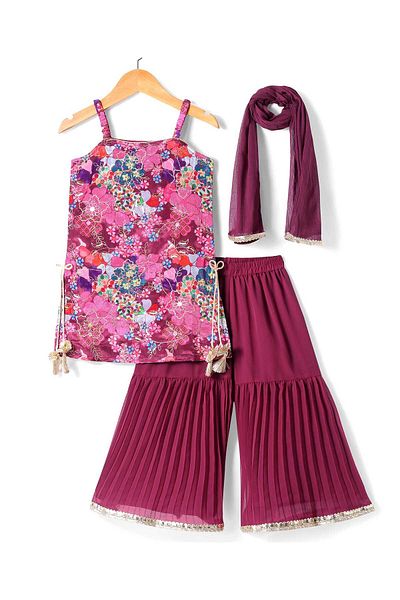 Babyhug Woven Sleeveless Georgette Embroidered Kurti & Gharara With Floral Print & Dupatta - Pink