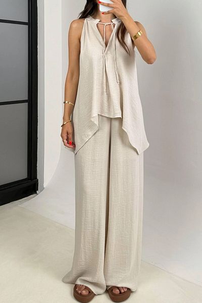 Suzi Boyundan Tie-Up Asymmetric Cut Bluz Pant Suit 51182