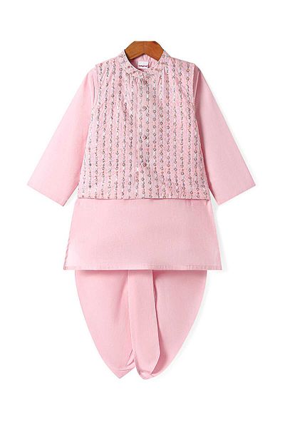 Babyhug Woven Full Sleeves Solid Dhoti Kurta Set with Sequin Embroidered Jacket - Pink