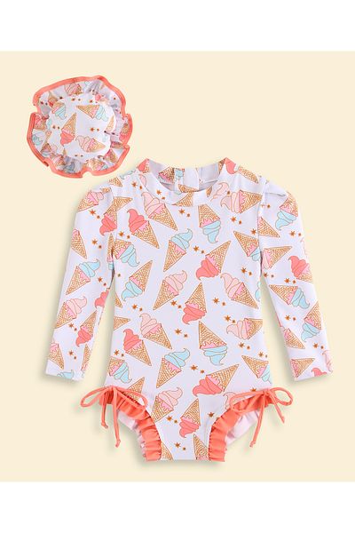 SAPS Ice Cream Printed Full Sleeves V Cut Swimsuit With Cap - White