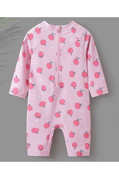 SAPS Peach & Flower Print Quick Drying Full Sleeves Legged Swimsuit with Swimming Cap - Pink