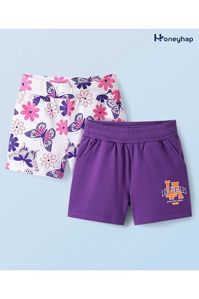 Honeyhap Premium 100% Cotton Knit Above Knee Length Shorts Text Pack of 2-Pansy and Bright White