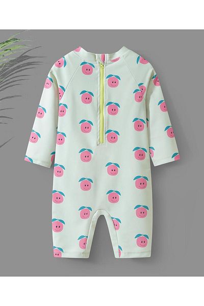 SAPS All Over Cherries Printed Full Sleeves Quick Drying Legged Swimsuit Swimming Cap - Mint Green