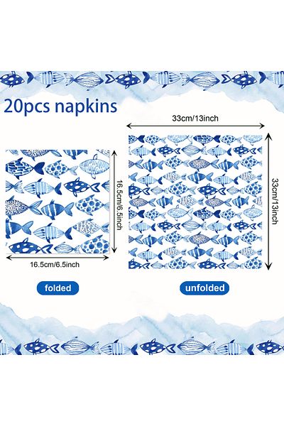 Choice 20pcs-CZJ037 20pcs 2-Ply Cute Blue Fish Guest Napkins Disposable Paper Dinner Napkins Dingroom Decor