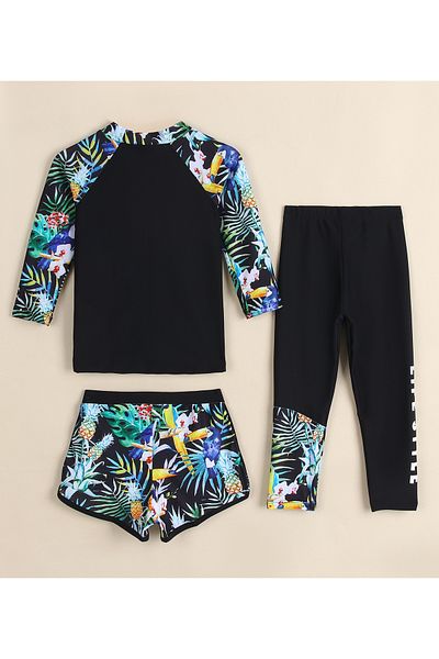 SAPS Floral Print Quick Drying Full Sleeves Three Piece Swimsuit - Black