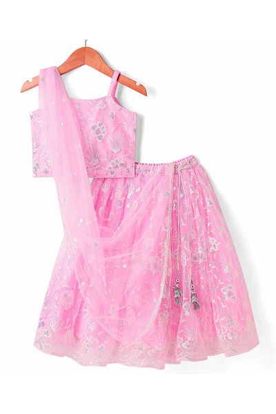Babyhug Woven Sleeveless Floral Sequenced Embroidered Choli Lehenga Set With Dupatta - Pink