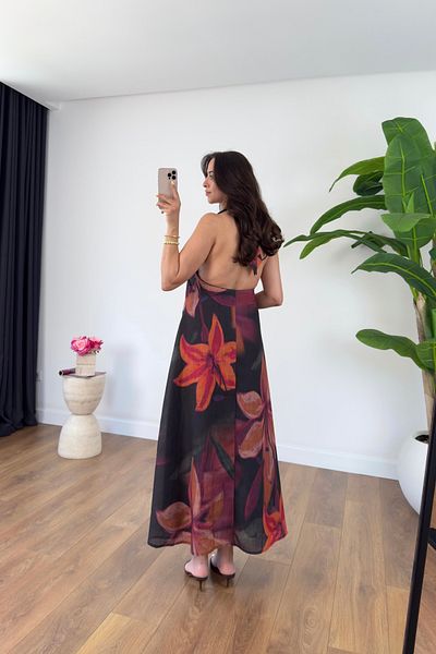 BİRCANÇİL Bonri Black Orange Lily Patterned Dress with Neck Tie Detail