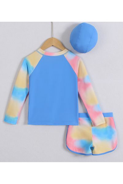 Pine kids Pine Kids Full Raglan Sleeves Happiness Two Piece Swimsuit Tie Dye Print & Swimming Cap-Blue
