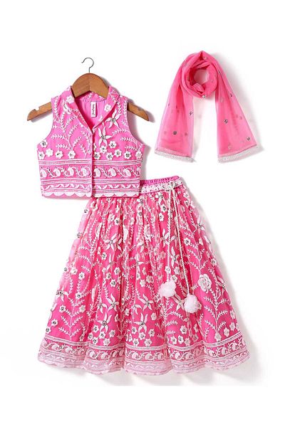 Babyhug Woven Sleeveless Choli And Lehenga Set With Dupatta And Floral Embroidery Sequins Work-Pink
