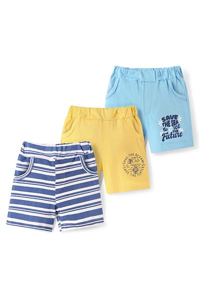 Doodle Poodle 100% Cotton Knit Knee Length Shorts with Stripe & Text Print Pack of 3 - Blue & Yellow