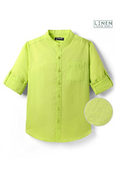 Pine kids Pine Kids Linen Woven Full Sleeves Mandarin Collar Solid Shirt - Lime