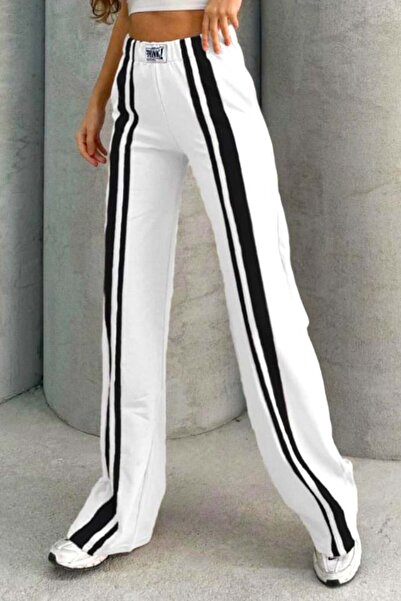 FashionForYou Αθλητικό παντελόνι ThinK Deep, με ρίγες και καμπάνα. Καμπάνα Large, Λευκό.