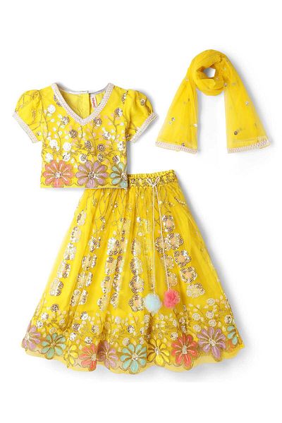 Babyhug Woven Half Sleeve Choli Lehenga Set And Dupatta Sequin Floral Embroidery & Lace -Yellow