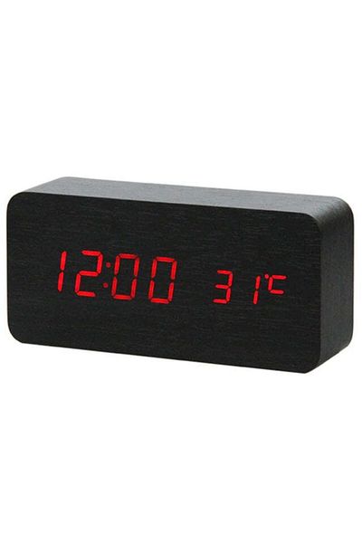 VTM Ceas Digital Negru cu LED Rosu, Termometru, Alarmă, Control Vocal, 3 Trepte de Lumina