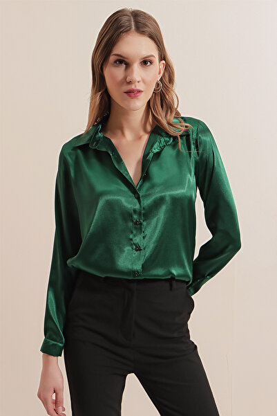 Merterium Women's Draped Satin Shirt Emerald Green 1069