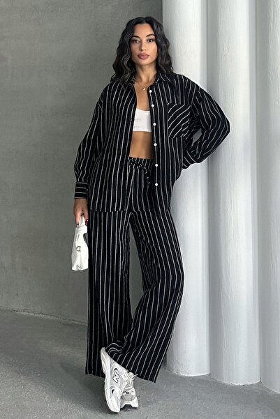 MD trend Women's Striped Shirt Pants Double Suit