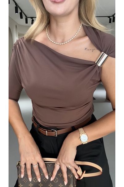 Sezgi Tekin Shoulder Accessory Detail Draped Brown Blouse