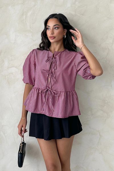 MD trend Women's Striped Half Sleeve Tie up Blouse