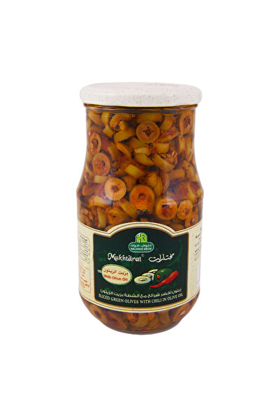HALWANI Bros Sliced Green Olives with Chili in Olive Oil, 650g