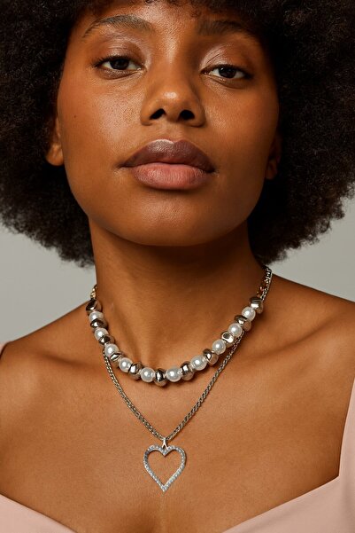 TAKIŞTIR Silver Color Heart Figured Multiple Necklace with Pearl Detail