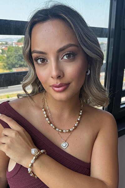 TAKIŞTIR Gold Color Heart Figured Multiple Necklace and Bracelet Set