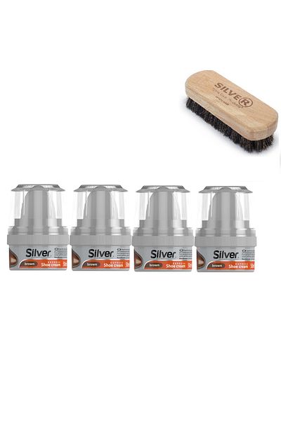 Silver Set of 4 shoe creams and horsehair cleaning brush, Silver, 200 ml, brown