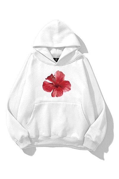 Trendiz Kadın Red Hibiscus Sweatshirt Beyaz
