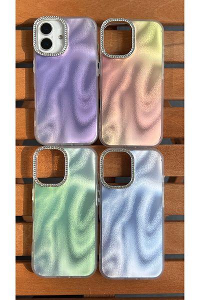 EDELFU Satin Wave Texture Case for iPhone 16 - Cover with Rhinestone Camera Frame, Glittering Dust Effect