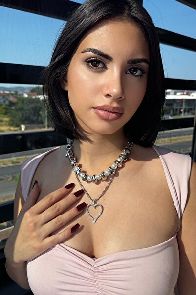 TAKIŞTIR Silver Color Heart Figured Multiple Necklace with Pearl Detail