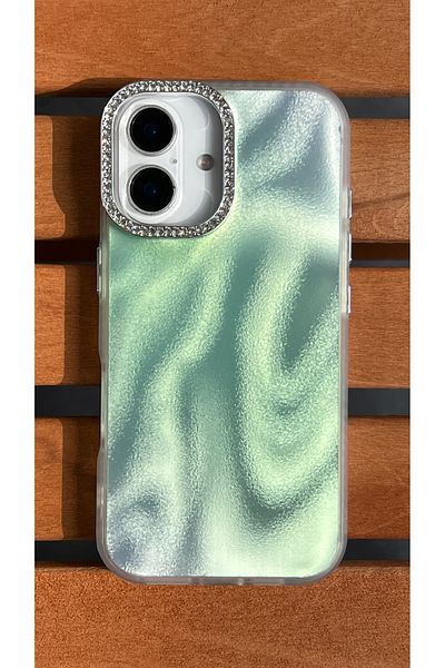 EDELFU Satin Wave Texture Case for iPhone 16 - Cover with Rhinestone Camera Frame, Glittering Dust Effect